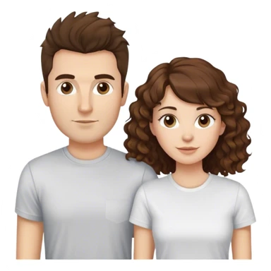 Una pareja joven de 30 años. Ella pelo largo y rizoso, de color castaño y con el flequillo liso. Él, sin barba, un poco de tupe y piel clara. Ambos en camiseta sticker