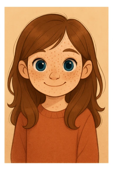 Add natural freckles to her cheeks, maintaining the soft, friendly cartoon style. sticker