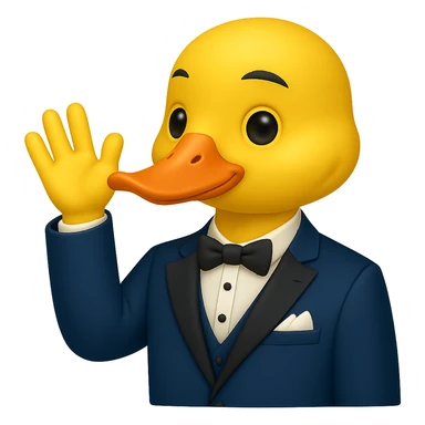 Create a gentlemanly yellow duck in a blue suit, waving, in the style of apple emojis, with no background. sticker