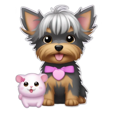 yorkshire terrier with grey hair with the tongue and two little pink hair-bow on the head with a purple nappy and a Hamtaro beside sticker