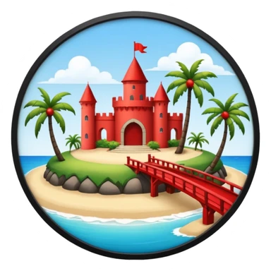 a circular island with a modern chateau, a beach with palm trees in front. also, a red bridge behind.  sticker