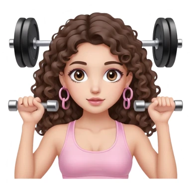 cute balayage brunette long hair curly/wavy haired girl, hoop earrings, clean girl makeup DOING EXERCISE with weights with a cute pastel pink set sticker