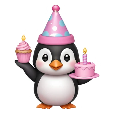 cute penguin  hold a pink birthday cake in both arms with pink birthday hat sticker