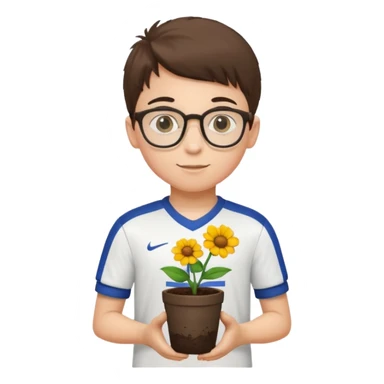 young boy wearing glasses, wearing soccer uniform, holding a flower pot sticker