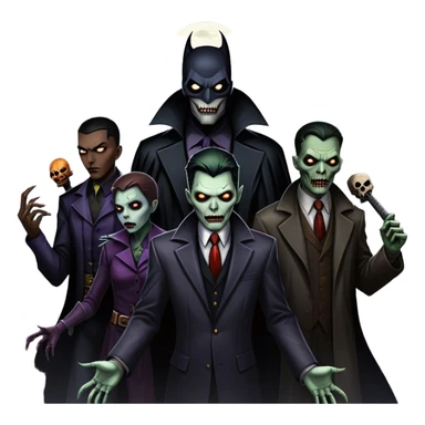 Icon for Thriller Movies: A large, dramatic collage featuring sinister villains and zombies in dark clothing. The background shows the gloomy cityscape of Gotham with dim lighting and eerie shadows. The atmosphere should be tense, mysterious, and suspenseful. Transparent background. sticker
