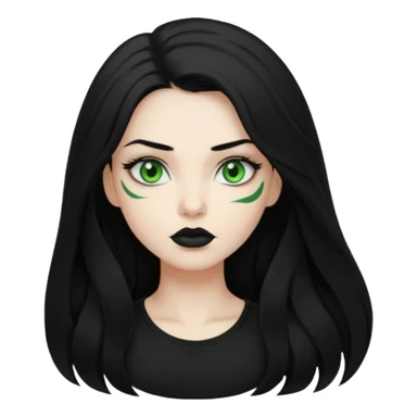 Black haired woman, green eyes, black lipstick, white skin, black t shirt, sharp face, long hair sticker