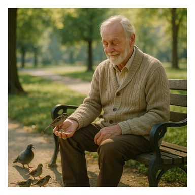 retired man feeding birds, gentle expression, cardigan sweater, sitting on a park bench sticker