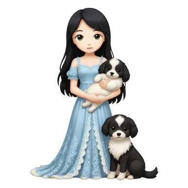 Pastel anime lady long hair with long lace dress full body holding puppy sticker
