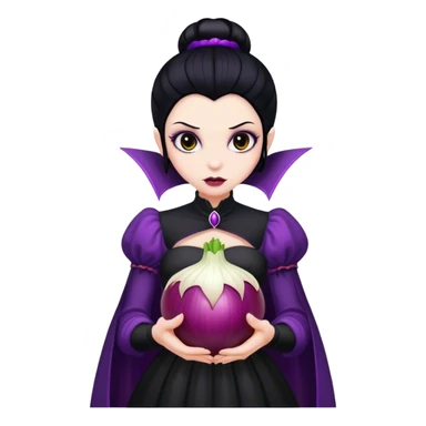 The vampire in black dress, black hair, brown eyes, holding a big violet onion  sticker