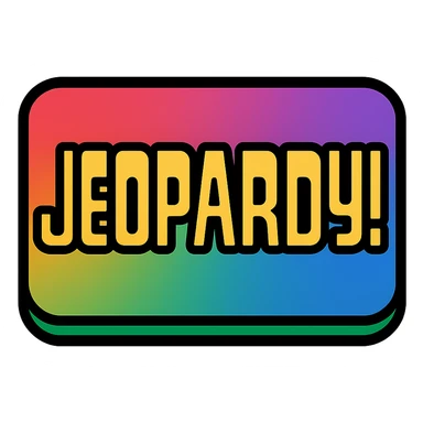 Add more colors to the Jeopardy logo icon, including red, green, and purple accents, while keeping the blue gradient and gold accents. Simple icon style with lineal color and black outlines. sticker