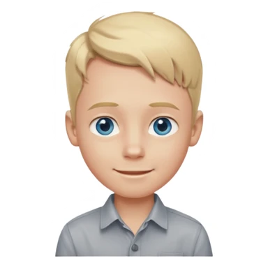 young boy, blond hair, blue eyes, big forehead, pale with slight red from tanning, smiling, in a grey button shirt sticker