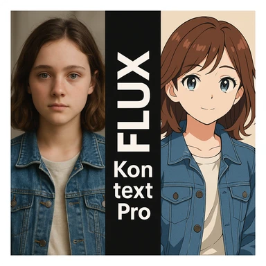 create before after image of a girl before is realsitic photo, after is anime version of her in same pose and clothes, add logo with text of a "FLUX Kontext Pro" in middle in big, black background sticker