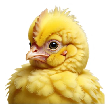 Cinematic Noble Yellow Baby Chicken Portrait Emoji, Poised and regal, with a tiny, fluffy build and a vibrant, well-groomed bright yellow downy coat, deep-set soulful beady eyes, Simplified yet sharp and sophisticated features, highly detailed, glowing with a soft, dignified glow, high shine, intelligent and charming, stylized with an air of youthful elegance, focused and attentive, soft glowing outline, capturing the essence of a watchful and confident little chick, so majestic it feels as though it could peep out of the screen with effortless authority! sticker