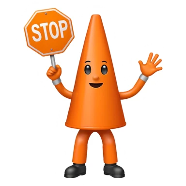 orange traffic cone with three legs dancing with sign in his hand saying “stop ai” sticker