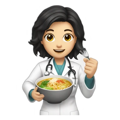 female doctor with dark hair eating ramen bowl with thumbs up sticker