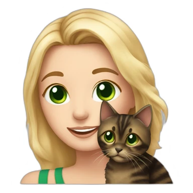 Blonde woman with green eyes holding a fluffy tortoiseshell cat sticker