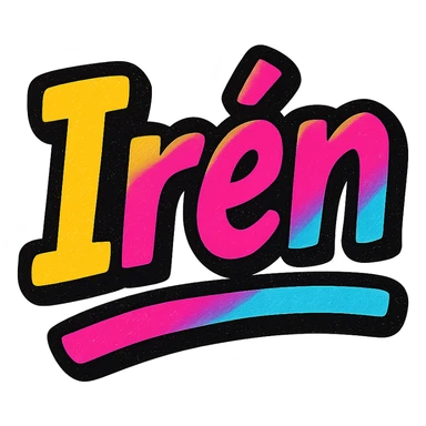 Irén name in modern colorful gradient font with dark outline, dynamic slanted or partial underline, in the style of reference patterns sticker