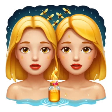 portrait two women wet faces and honey gloss lips touching, fireflies glowing sticker