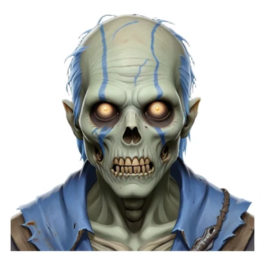 Cinematic Realistic WoW undead friendly zombie Portrait, depicted with decayed yet noble features, his weathered, pallid skin etched with ghostly blue veins and ancient scars. Clad in modest, tattered attire in muted browns and greys that remain consistently rugged, his hollow eyes burn with determined defiance. Rendered with lifelike texture and dramatic natural lighting, high shine, noble and resilient, capturing the stoic spirit of an undead veteran of Azeroth. sticker