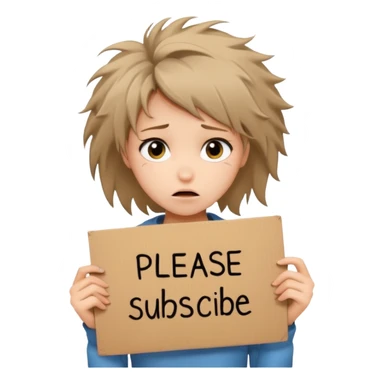 Sad realistic emoji of a young woman with messy hair, holding a cardboard sign that says "PLEASE SUBSCRIBE", emotional begging expression, cinematic lighting, shallow depth of field, soft blurred background, high detail, viral social media style sticker