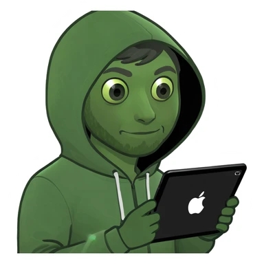 a man in a hoodie, holding an iPad, memoji style, digital art sticker