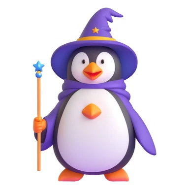 penguin wearing wizard hat and robe holding a magic wand sticker