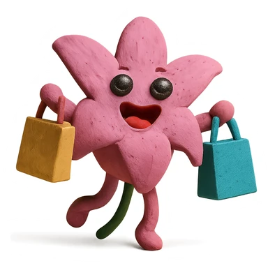 pastel magenta lily flower with sparkling eyes and open mouth, jumping with joy while holding shopping bags, round and bouncy, claymation style sticker