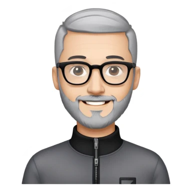 Man with light skin, black hair in near-buzz cut style (very minimal length), short peppered gray beard, large black-framed glasses, smiling face, black zip-neck long sleeve shirt sticker