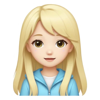 Cute kawaii emoji-style Japanese K-pop girl, blonde long hair , trendy K-pop outfit with Japanese cute fashion vibes, big sparkling eyes, chibi proportions, clean lineart, pastel colors, cheerful idol smile, sticker/emoji style, transparent background sticker