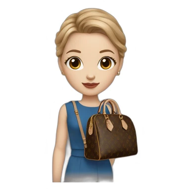a girl with blue eyes and light brown hair, wearing gucci outfit and holding brown louis vuitton bag sticker