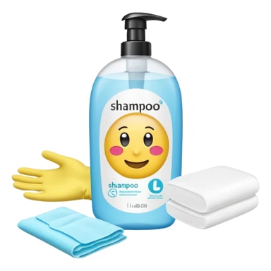 emoji of big (1L) bottle of shampoo, disposable gloves and cotton pads (for makeup) are standing on a table, products look like its always running out, and bran labels to them, make quantity bigger , and i want to see more disposable products sticker