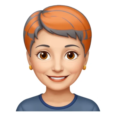 woman 60 years old, shaved short dark grey hair, brown eyes smile sticker