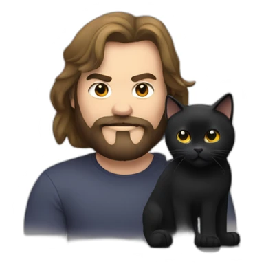 Man with long hair and black beard, Caucasian, looks like Jack Black, with a black cat in his arms sticker