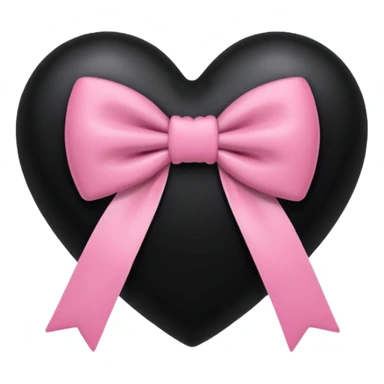 glossy plush black heart with a pink bow and heart pattern on the bow sticker