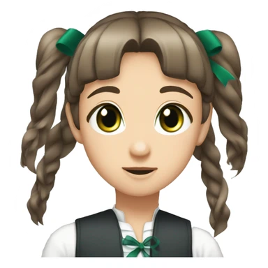 (masterpiece), top quality, expressive eyes, perfect face, mackerel, ddlconics, blunt bangs, brown hair, (green eyes:1.5), long hair, ponytail, ribbon, white ribbon, hair ribbon, side locks, sticker
