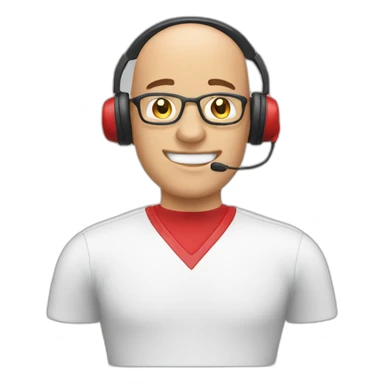 customer service bald man with headset with red t-shirt sticker