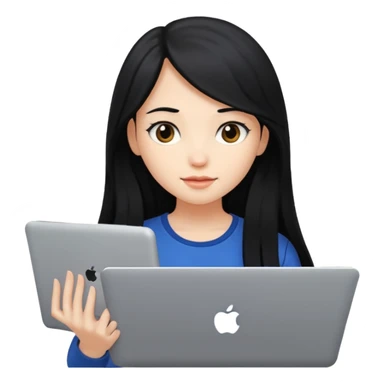 girl with long black hair holding a laptop sticker