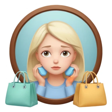 thoughtful tired woman looking in the mirror, gentle pastel tones, soft lighting, emoji style, symbolizes fatigue not ageing sticker