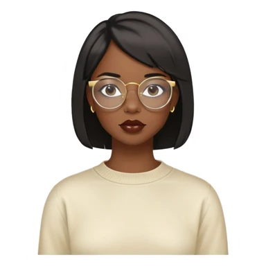 Dark Black girl with black back length bob with layers. She wears clear glasses and has on small gold hoop earrings and lipgloss. Shes also wearing a cream colored crew neck shirt sticker