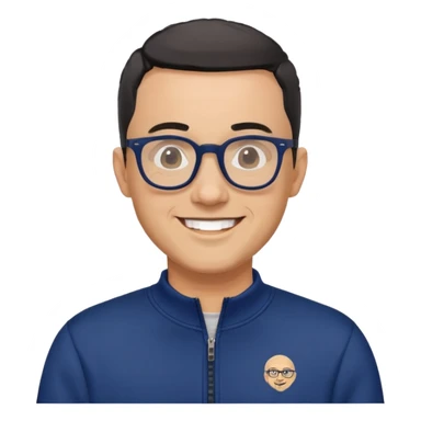 Light-skinned man with very short black hair (shorter buzz cut), short graying beard, big black glasses frames, happy smile, navy blue zip-up sweatshirt with long sleeves sticker