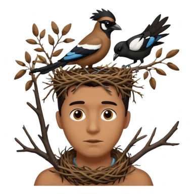 A man who has a magpie birds nest on top of his head for hair sticker
