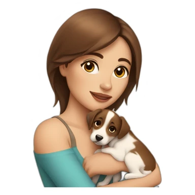 beautiful woman with brown straight hair and brown eyes hugs a puppy sticker