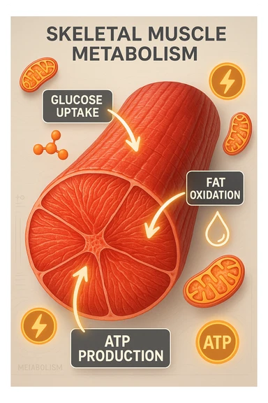 a highly detailed cross-section of human skeletal muscle fibers, shown in vibrant red and pink tones, with visible striations and realistic texture. Glowing arrows and animated icons represent active metabolic processes—such as glucose uptake, fat oxidation, and ATP production—occurring within the muscle tissue. Surrounding the muscle, floating symbols for mitochondria and energy highlight its metabolic activity. The background is clean and clinical, with subtle labels and infographics explaining that muscle is a metabolically active tissue. The overall style is modern, scientific, and visually engaging, suitable for educational or medical use. sticker
