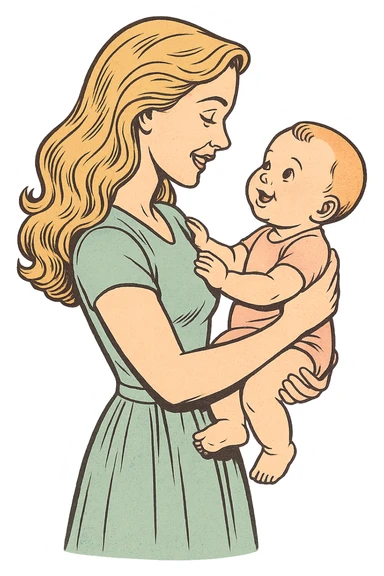 Make the mother more attractive with long wavy light hair, dressed in elegant clothing or a dress, side view, holding a baby in her arms, they look at each other. Style: old school comic book with thin clean contours, soft rounded shapes, pastel palette, detailed shadows and highlights, soft lighting, transparent background. sticker