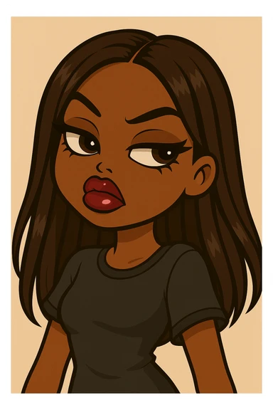 Change her pose to a side-eye, headshot only, 20-year-old anime Bratz style woman with dark skin, straight hair, more casual outfit, big expressive eyes, glossy lips, no hat, no tears, confident and aloof expression, snooty attitude, nose turned up. Render in anime Bratz style with emphasis on glossy lips and big expressive eyes, confident and aloof expression, no hat, no tears. sticker