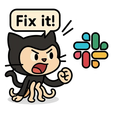 Add a speech bubble with the text 'Fix it!' to the Octocat shouting at the Slack logo, keep the style consistent with lineal color icon with black outlines. sticker