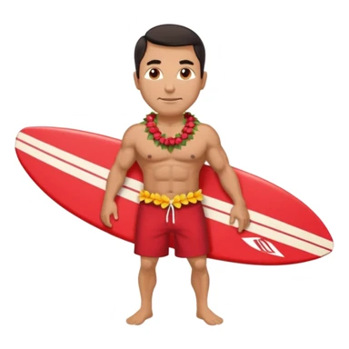 Dark-haired tan muscular 50 year old man with red shorts and shell lei surfing sticker