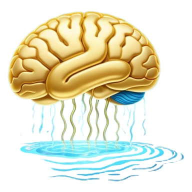 Glowing golden omega pill floating in ethereal blue waves, connected to a luminous brain by streams of light. The brain pulses with enhanced neural activity, with the entire scene having a mystical, flowing quality and soft radiance. sticker