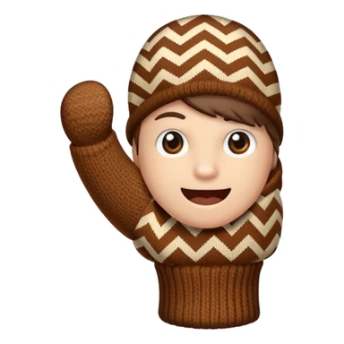 thumbs up fist in brown knit mitten with zig-zag beige pattern, no face sticker