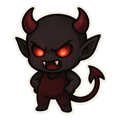 devil emoji in chibi style with gothic palette black and crimson, sharp fangs, glowing eyes, dramatic shadows sticker
